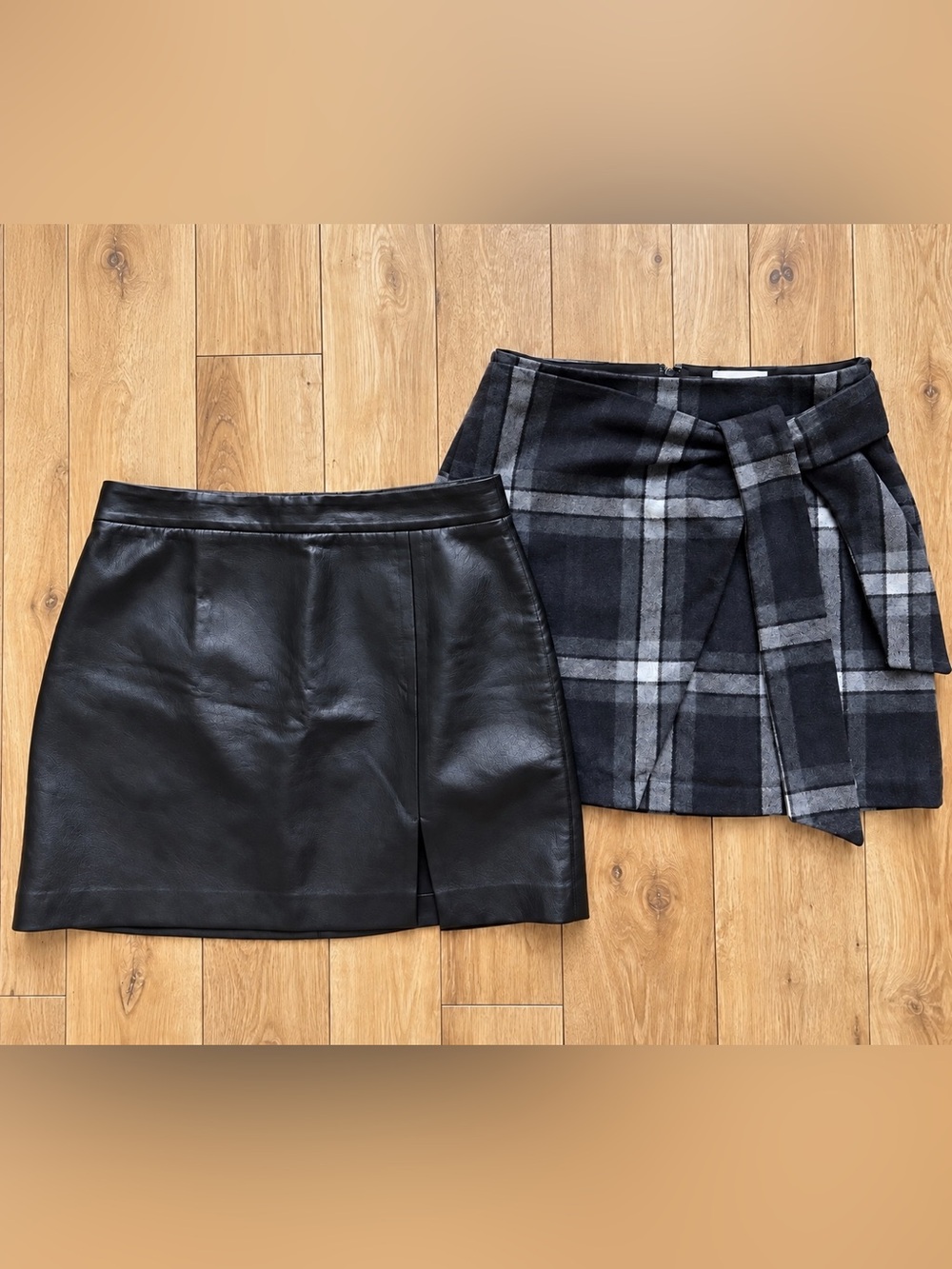 Aritzia Wilfred Skirt Bundle Size 8 Plaid Wrap + Black Faux Leather Mini